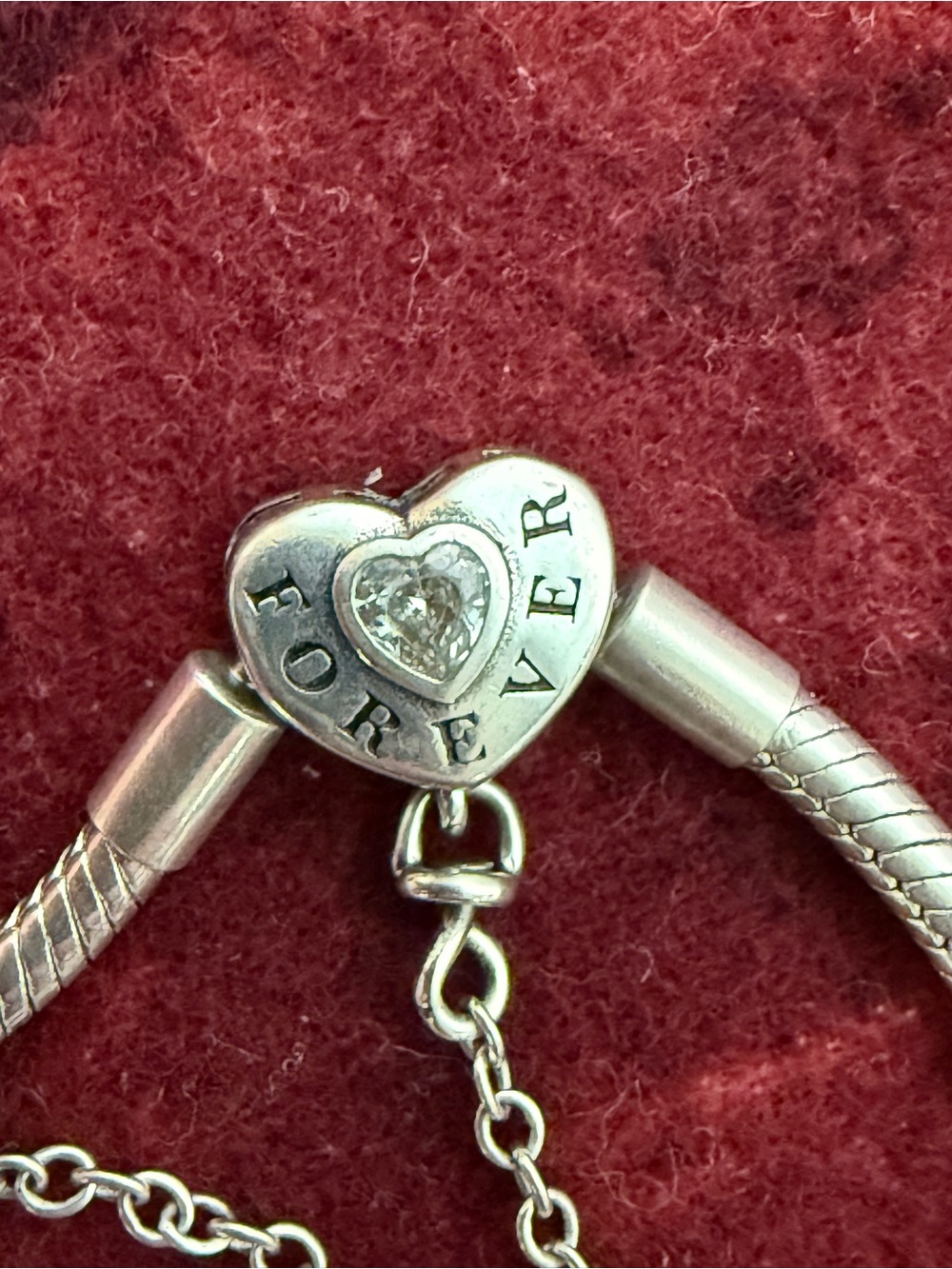 925 Sterling Silver Love Forever Heart Snake Chain Charm Bracelet CZ